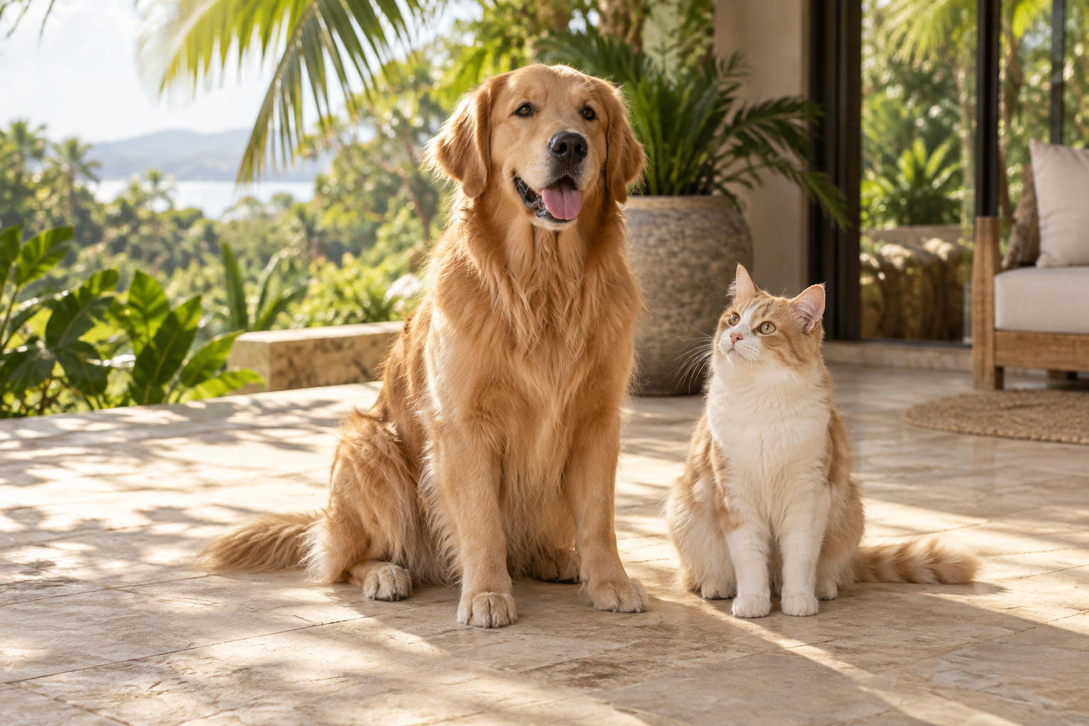 A golden retriever and a ginger cat sharing a sunny tropical terrace