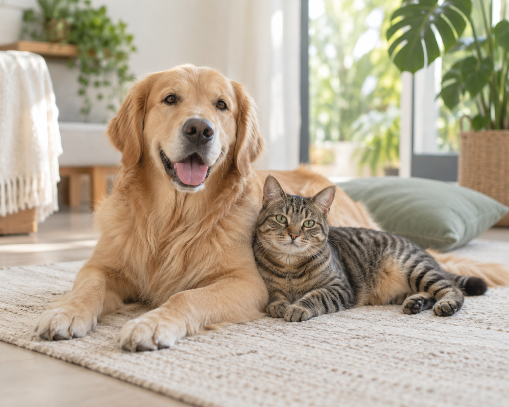 A golden retriever and a tabby cat relaxing together in a sunlit home